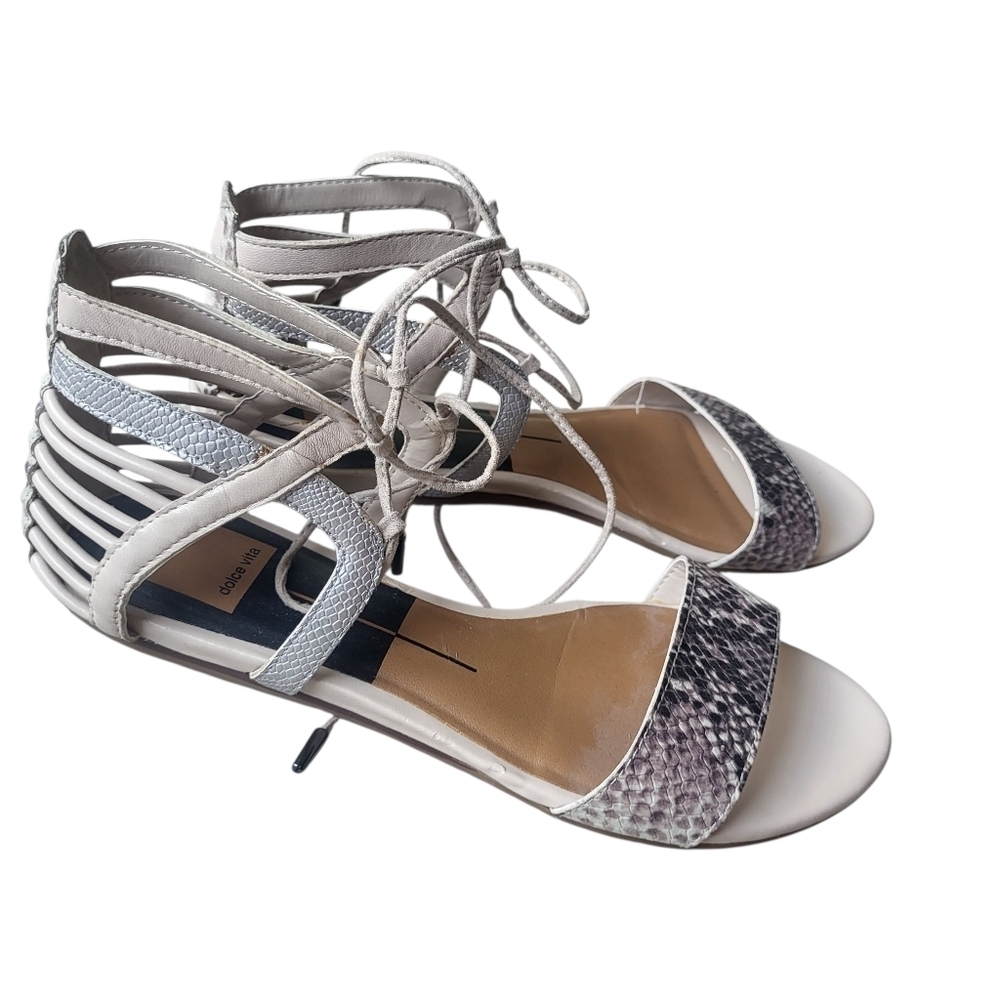 DOLCE VITA Beige and Faux Snake Tie Front Cage Gladiator Sandals Size 8 Flats